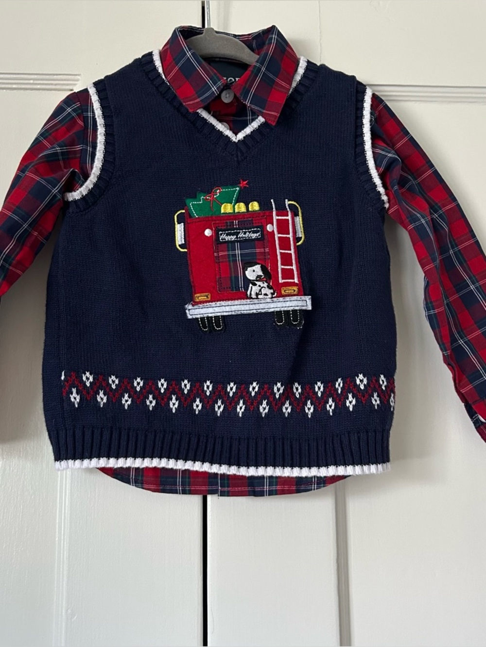 IZOD Baby Boy 2 Piece Holiday Set - Firetruck Sweater Vest w/ Plaid Button Down